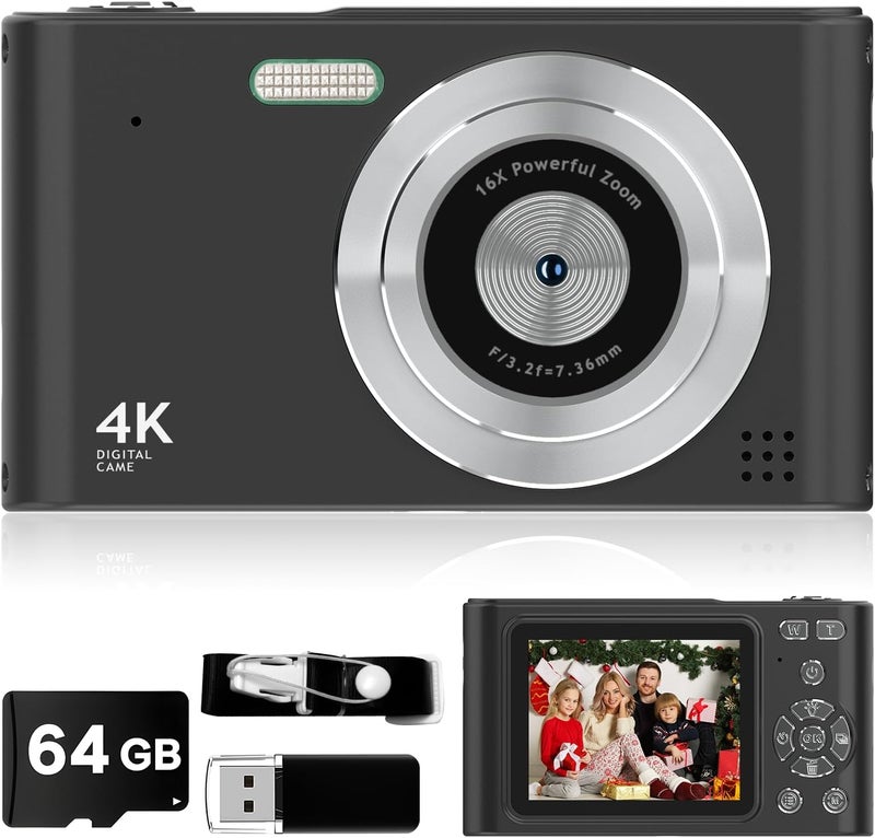 Vyncs Digital Kids Camera 1080P Vlog Camera with 64GB, Lanyard, 16X Zoom Anti Shake, Card Reader 44MP Compact Portable Point Shoot Digicam for Kid Teen Girl Boy Christmas Halloween Thanksgiving(Black) - Image 1